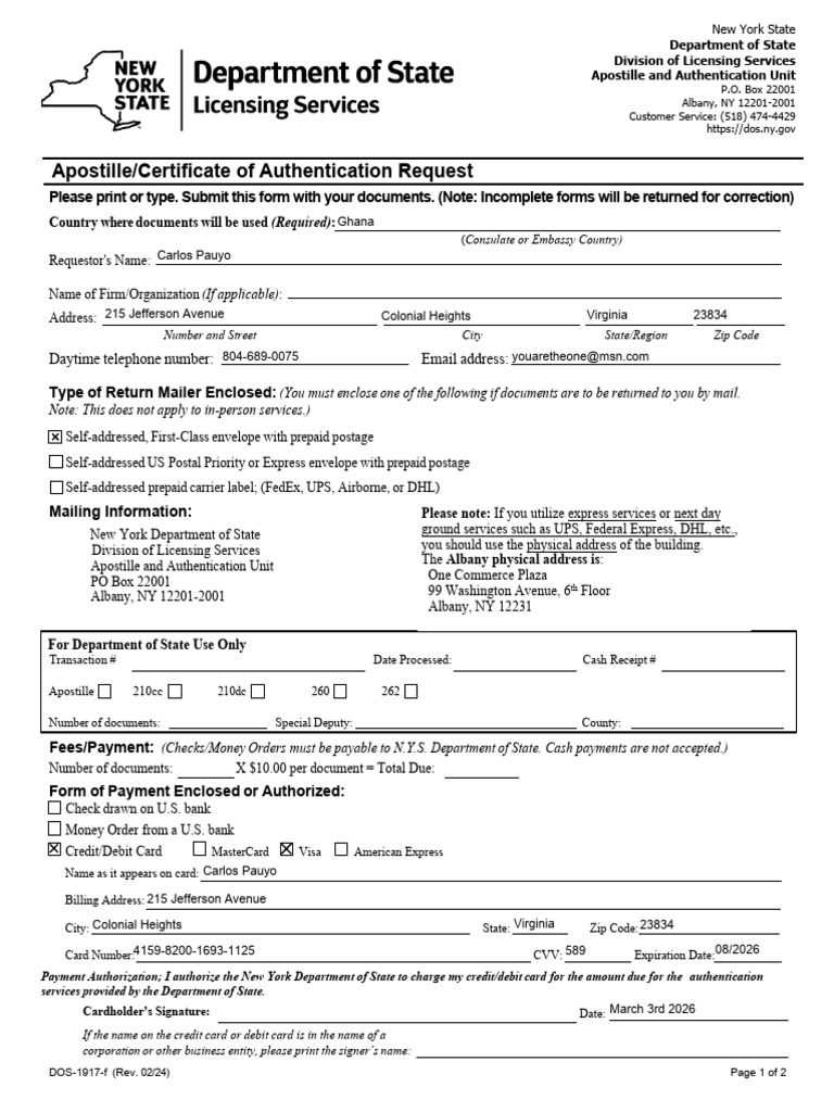 Dos 1917 F Apostille Certificate of Authentication Request 02.2024 ...