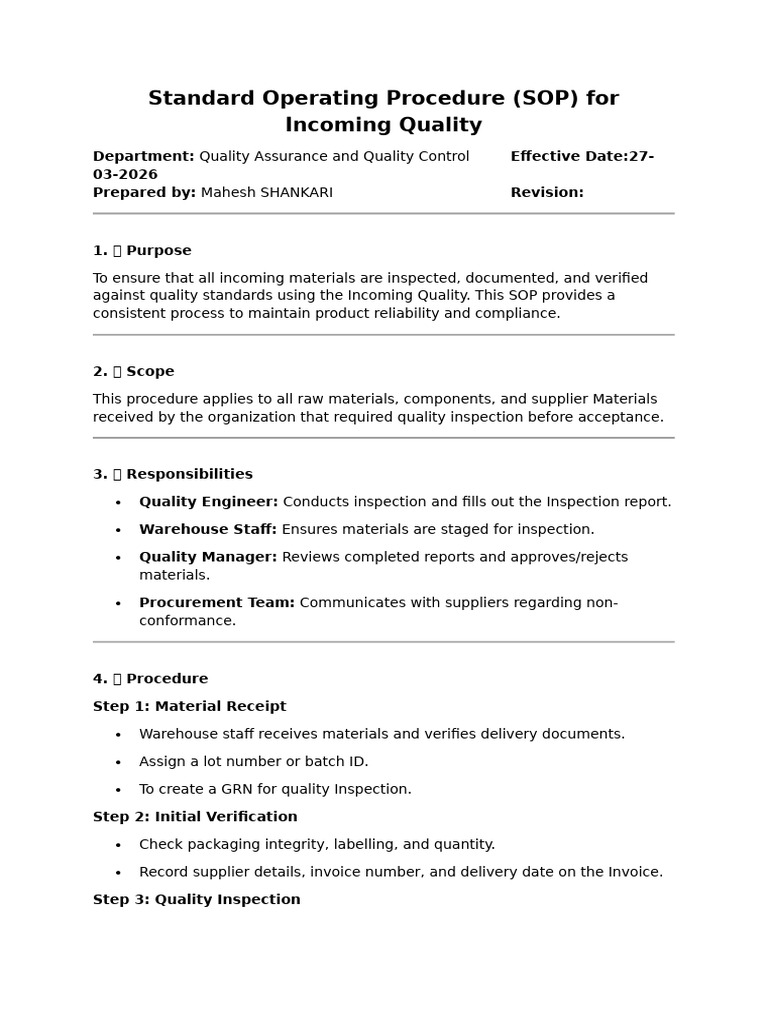 SOP For Incoming Quality | PDF