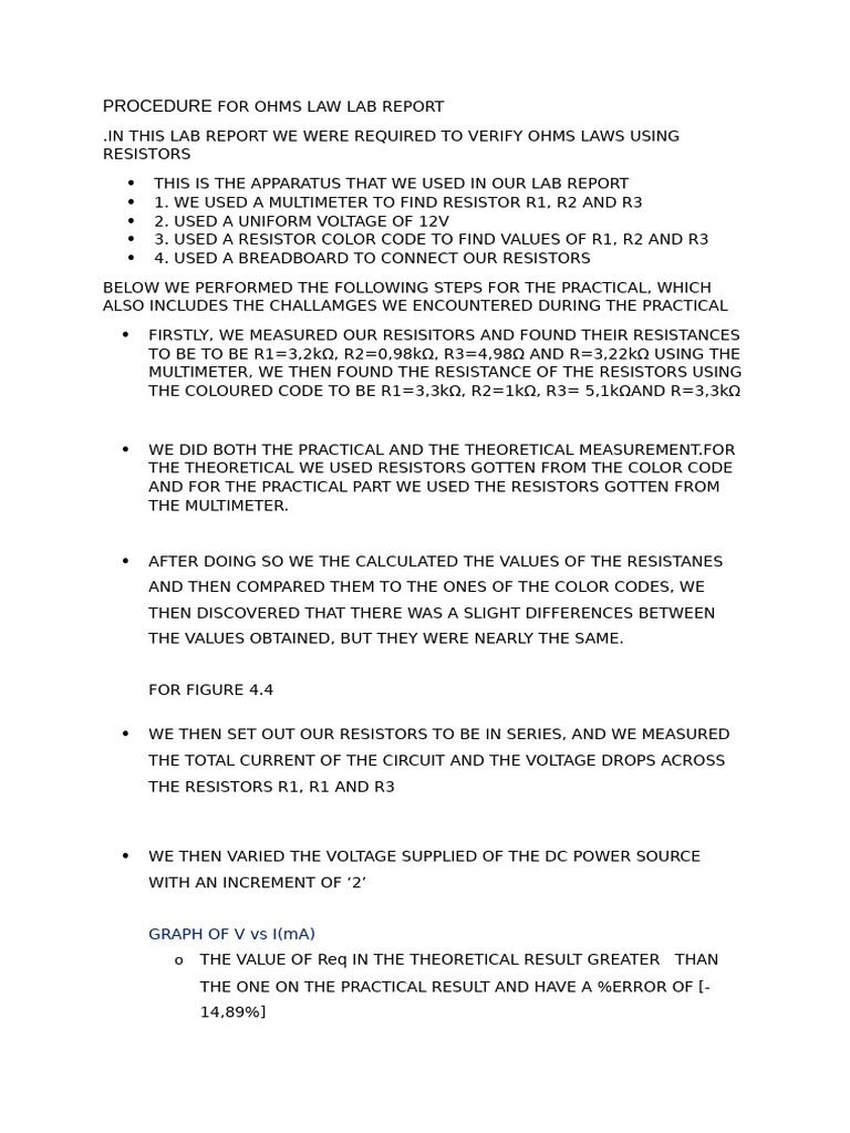 Procedure For Ohms Law Lab Report | PDF | Resistor | Computer Engineering