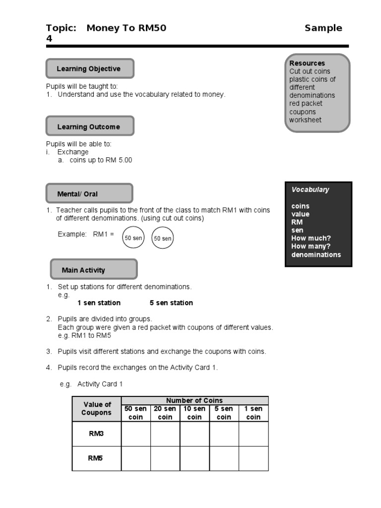 Sample Lesson 4 - Money To RM50 - 8 April 2003 | PDF | Cognition ...