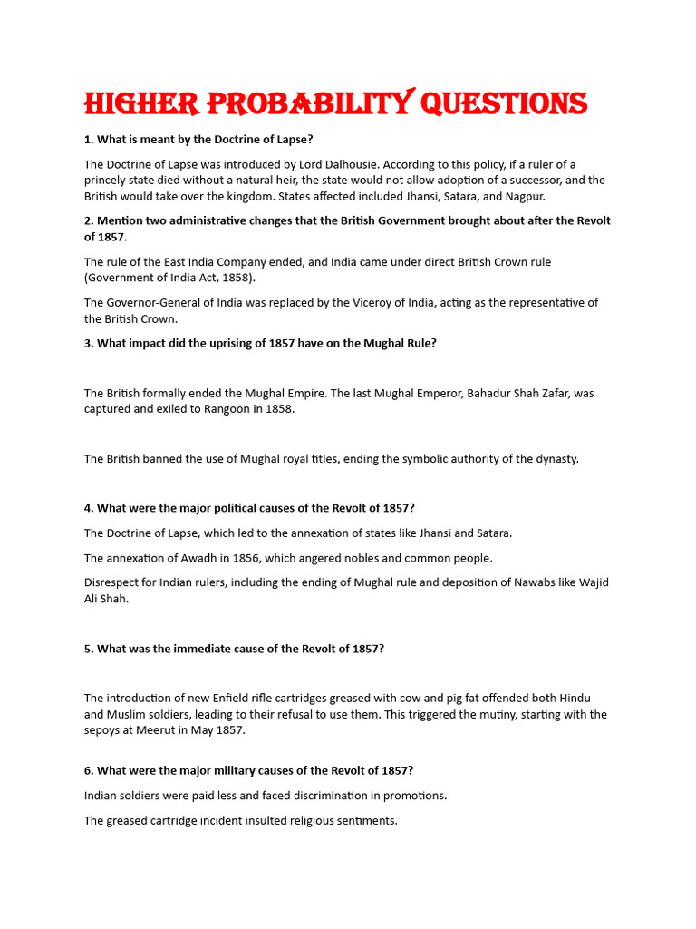 History High Probability Questions | PDF