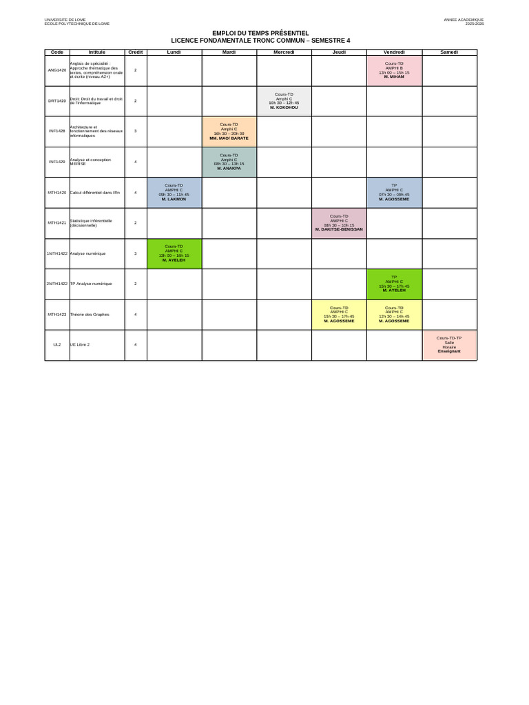 Emploi Du Temps Semestre4 LF TC Genie Informatique | PDF