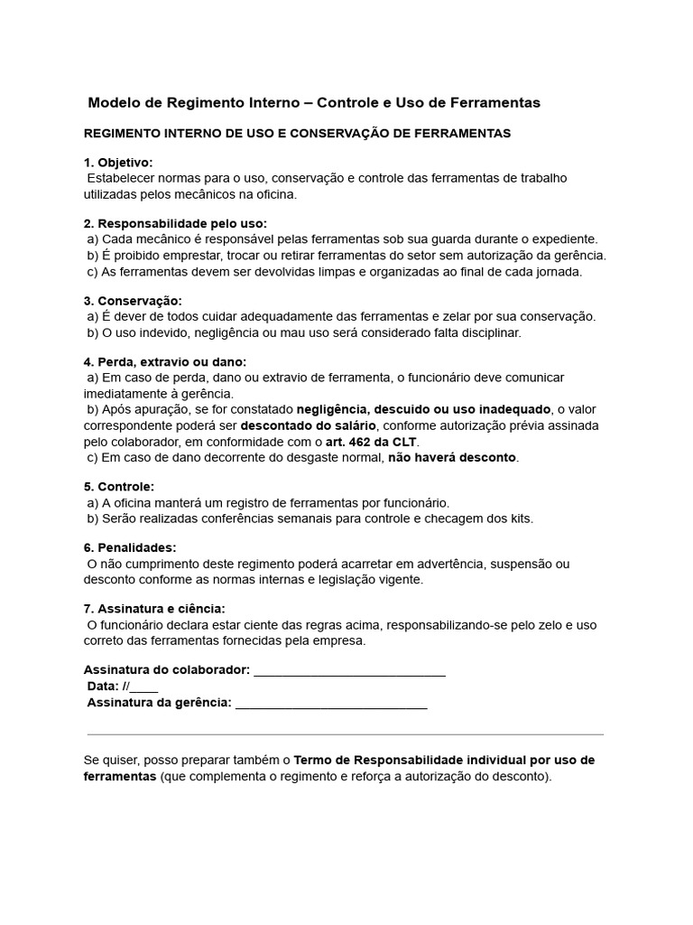 Modelo de Regimento Interno - Controle e Uso de Ferramentas | PDF