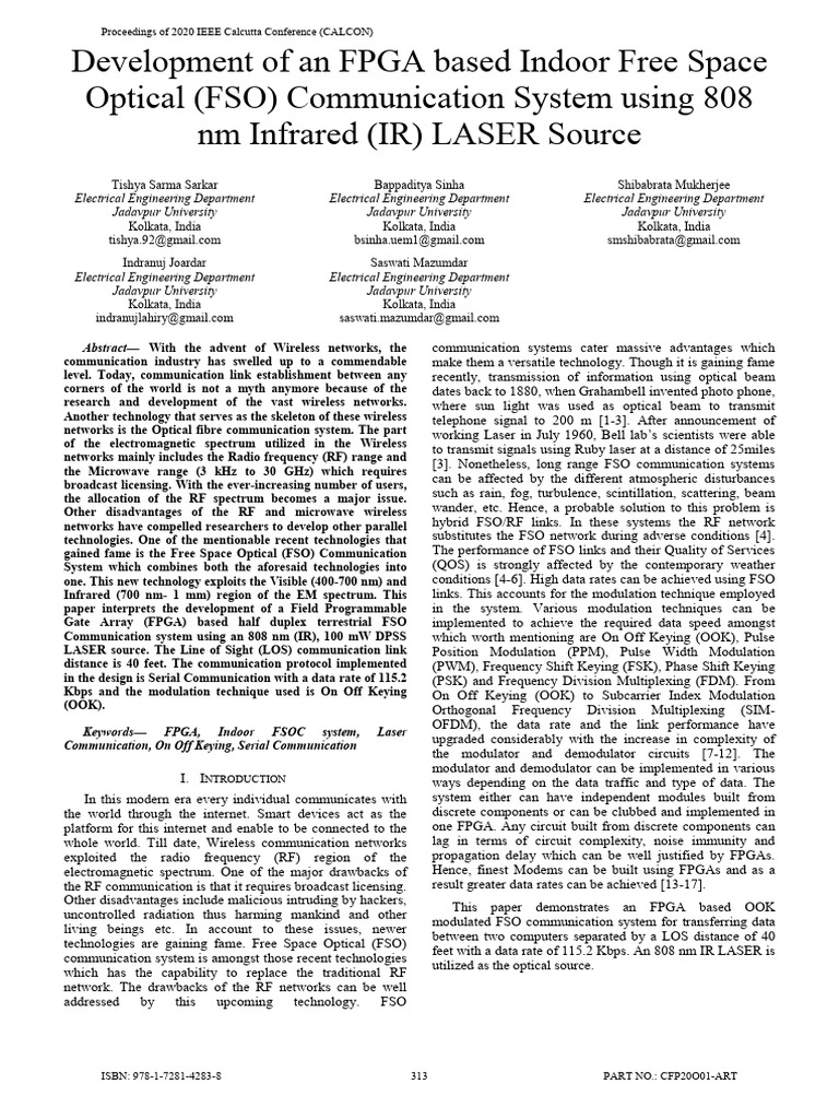 Development of An FPGA Based Indoor Free Space Optical FSO ...
