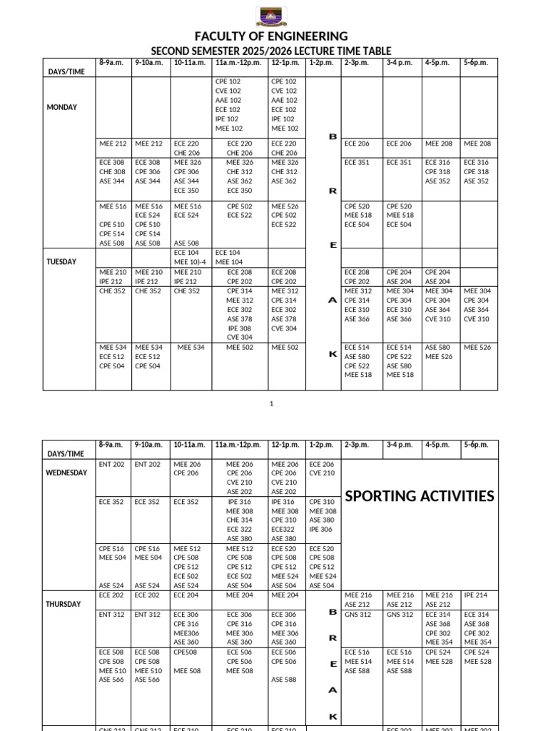 Engineering Lecture Time Table 20252026 2nd Semester Final-3 | PDF