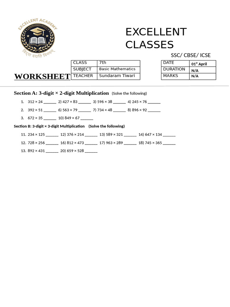Basic Maths Worksheet 2025-26 (7th STD) | PDF