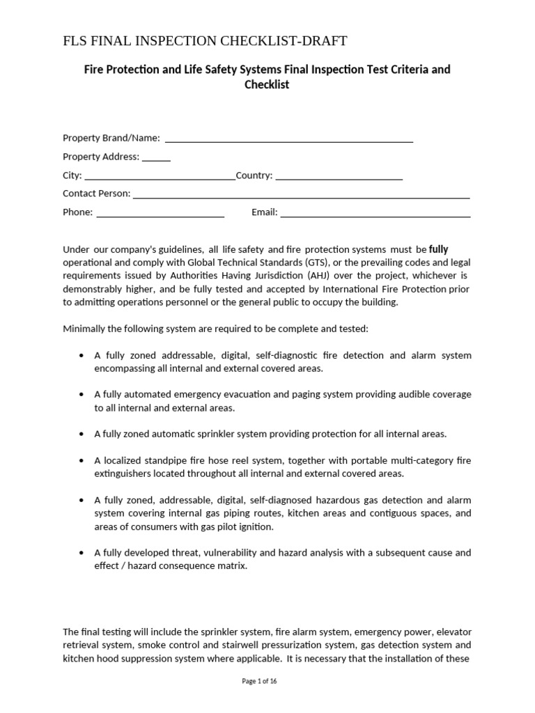 FLS Inspection Checklist | PDF | Fire Sprinkler System | Elevator