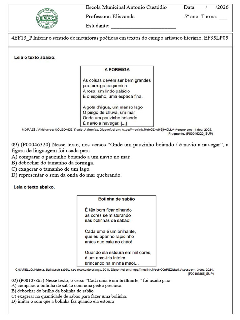 4EF13 - P Inferir o Sentido de Metáforas Poéticas em Textos Do Campo ...