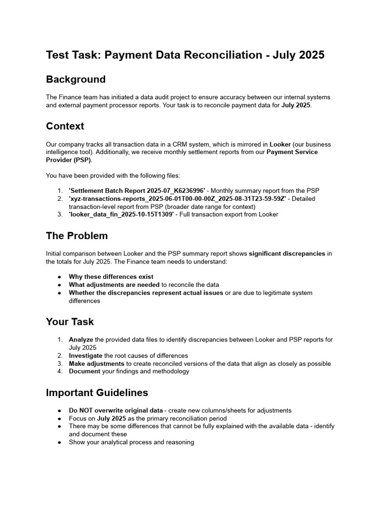 Test Task - Payment Data Reconciliation - Instructions | PDF