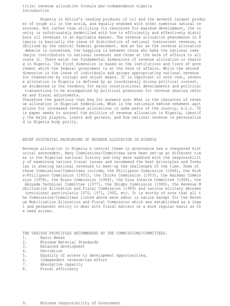 Revenue Allocation Formula in Nigeria PreIndependence PDF Nigeria