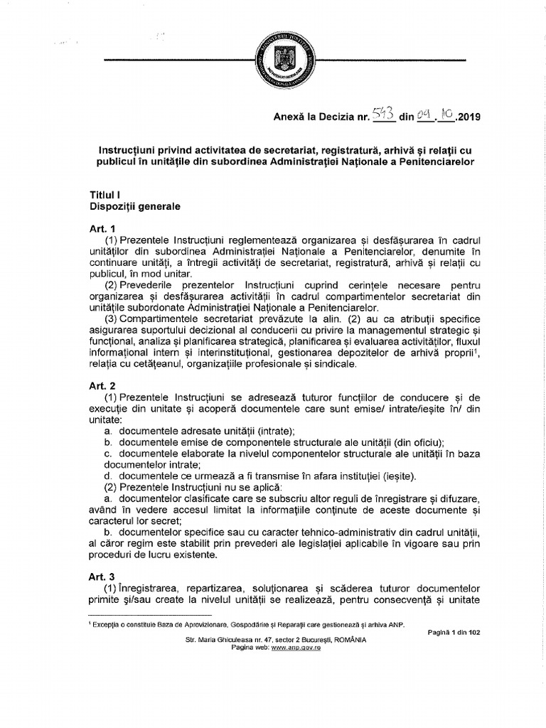 Anexa Decizia 543 Instructiuni Secretariat Unitati 2019 | PDF