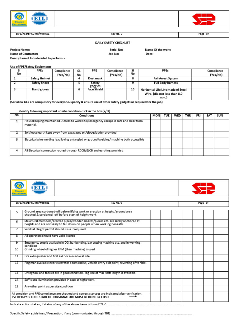 Daily Safety Checklist | PDF
