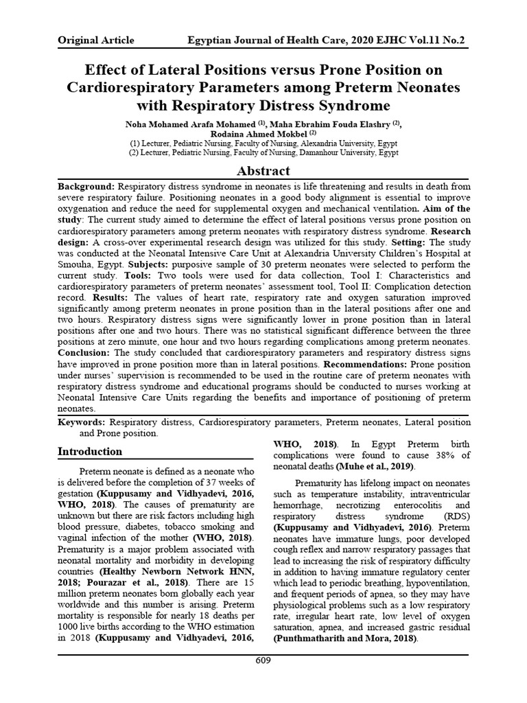 Effect of Lateral Positions Versus Prone Position On Cardiorespiratory ...