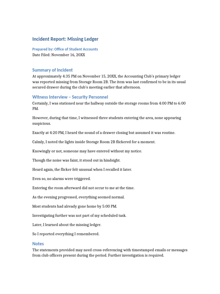 Incident Report Missing Ledger | PDF