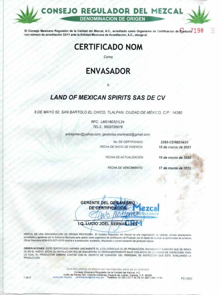 Certificado NOM Envasador1 | PDF
