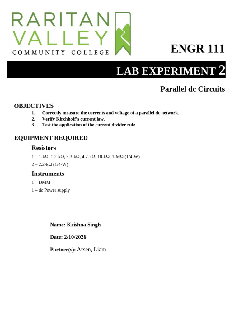ENGR 111 Lab 2 | PDF | Resistor | Series And Parallel Circuits