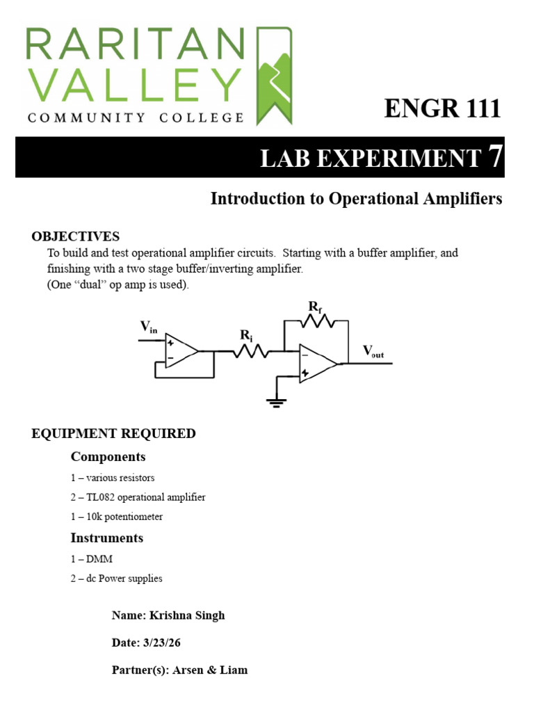 ENGR 111 Lab 7 Intro To Op Amps | PDF | Operational Amplifier | Amplifier
