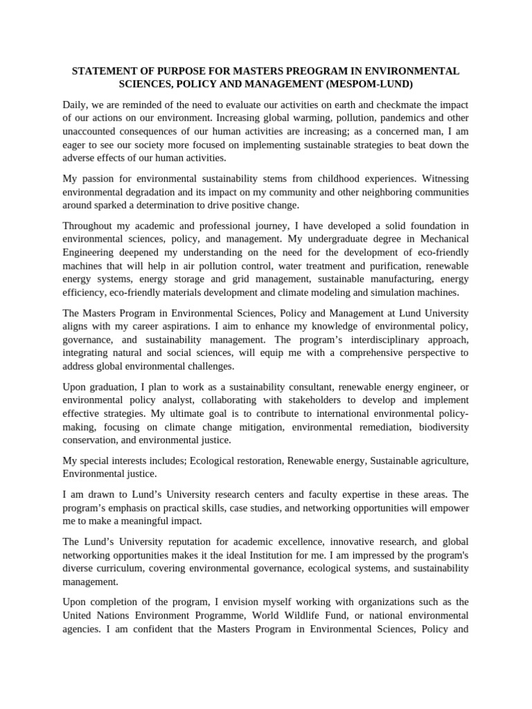 Statement of Purpose For Masters Preogram in Environmental Sciences ...