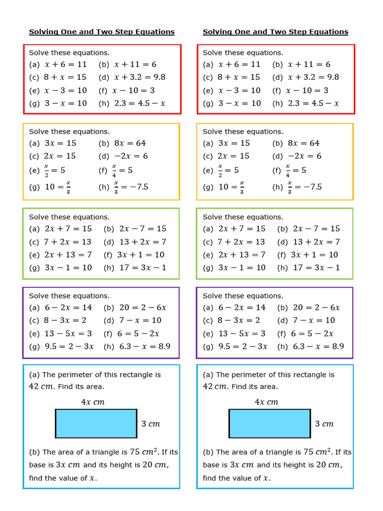 WS1-Solving One and Two Step Equations Practice Strips | PDF | Area ...