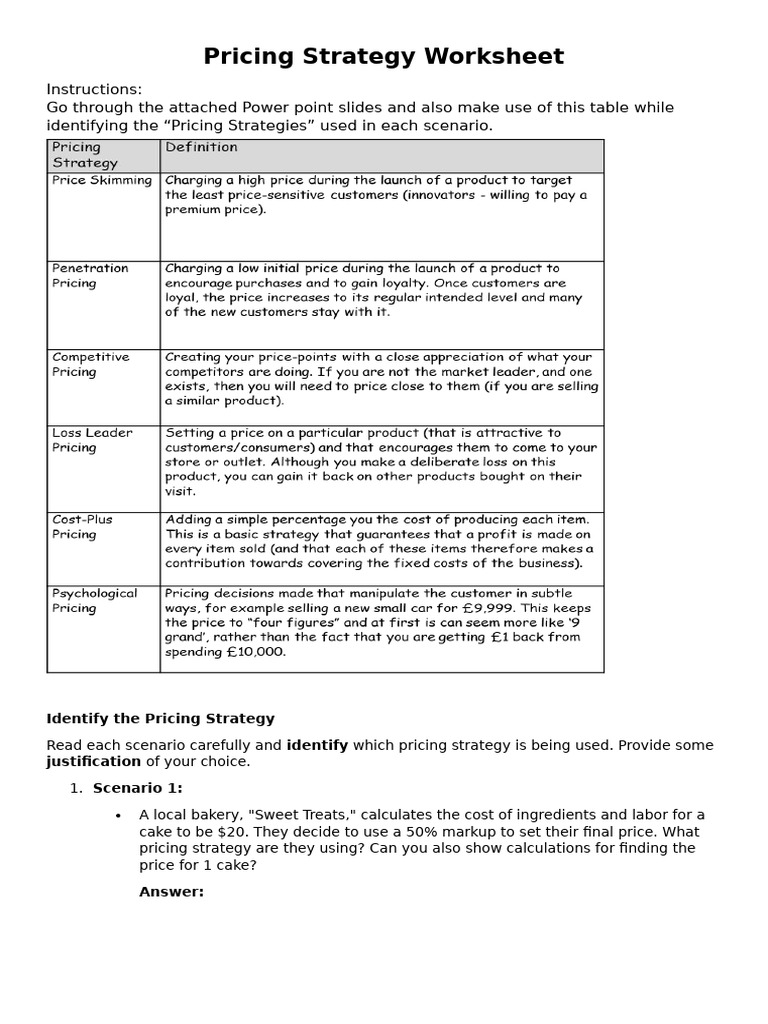 Pricing Strategy Worksheet 1 | PDF