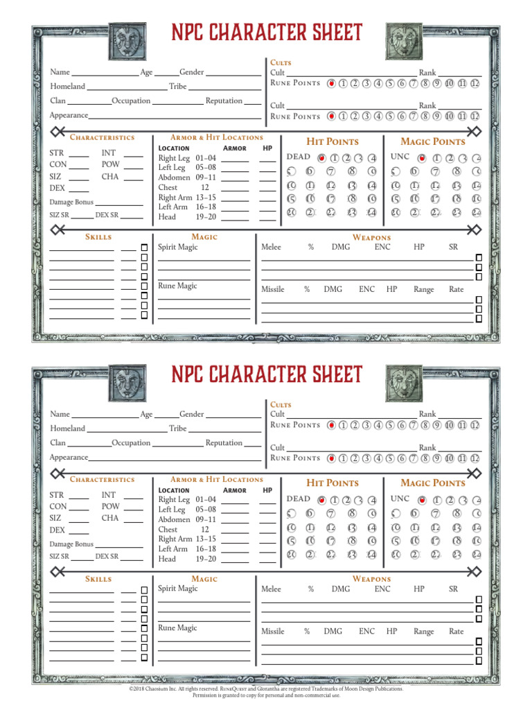 CHA4029 NPC Character Sheets - Fillable | PDF