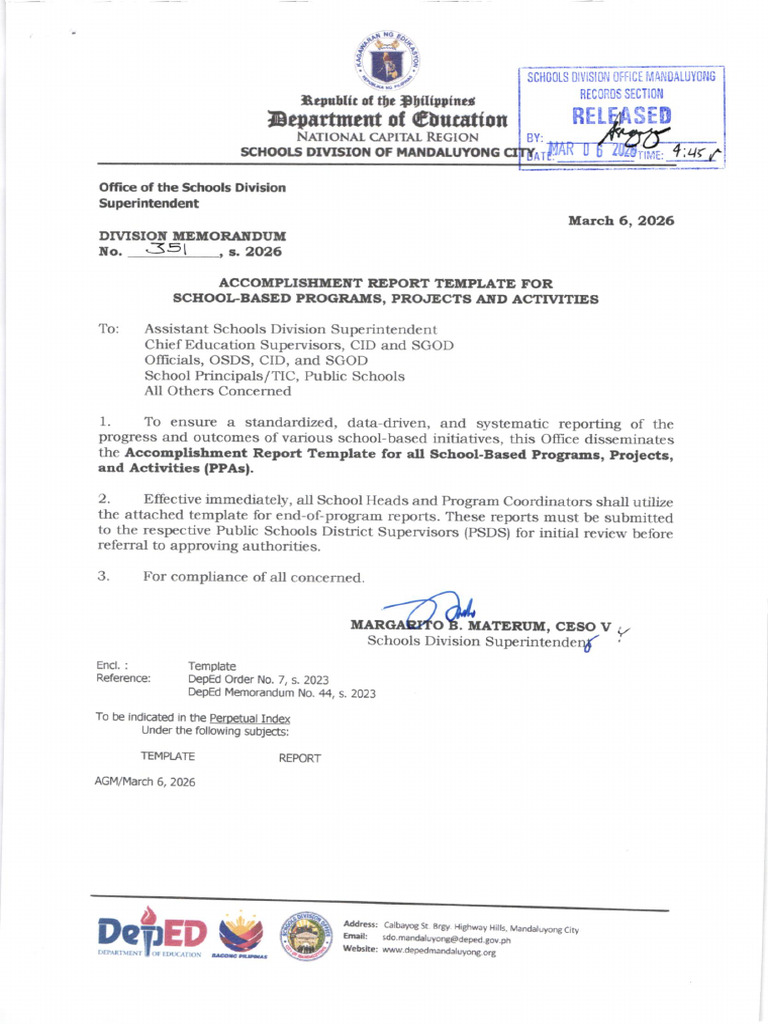 DM No. 351, S. 2026. Accomplishment Report Template For School-Based ...