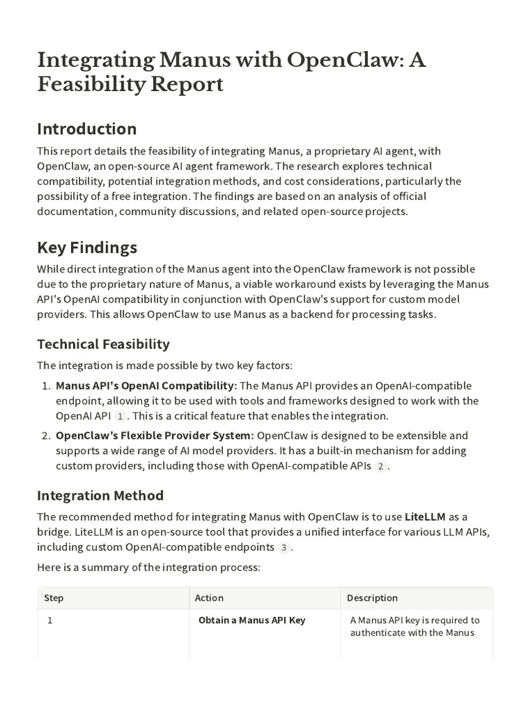 Integrating Manus With OpenClaw: A Feasibility Report | PDF | Computer ...