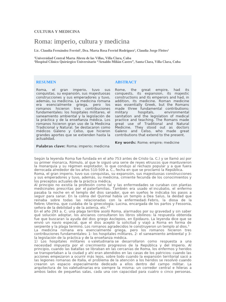 CULTURA Y MEDICINA. Medicina en La Antigua Roma. | PDF | Medicina