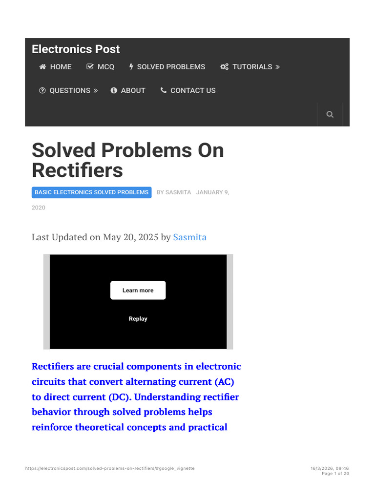 Solved Problems On Rectifiers - Electronics Post | PDF | Rectifier ...