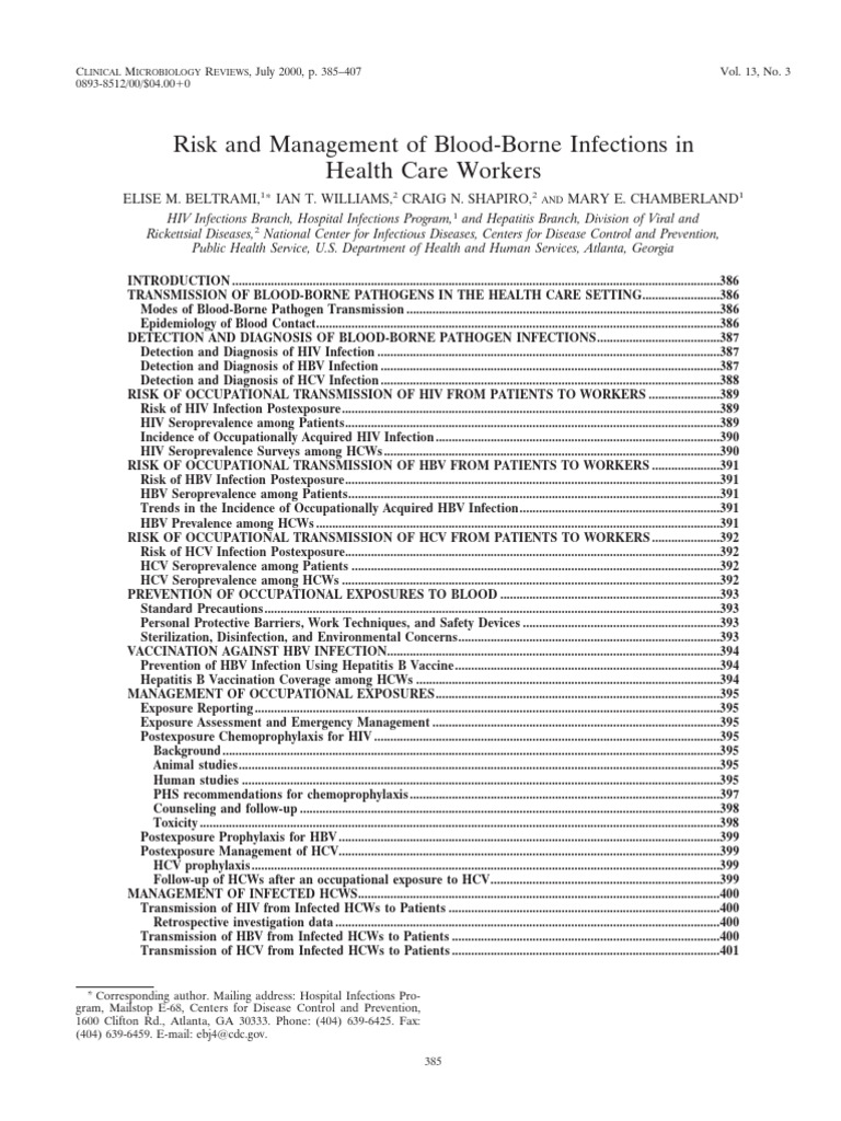 Risk and Management of Blood-Borne Infections in Health Care Workers ...