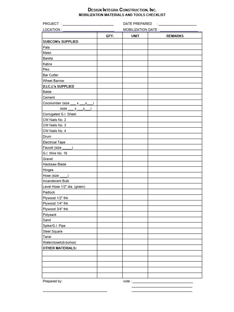 Mobilization Checklist | PDF