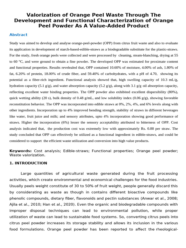 Valorization of Orange Peel Waste Through The Development and ...