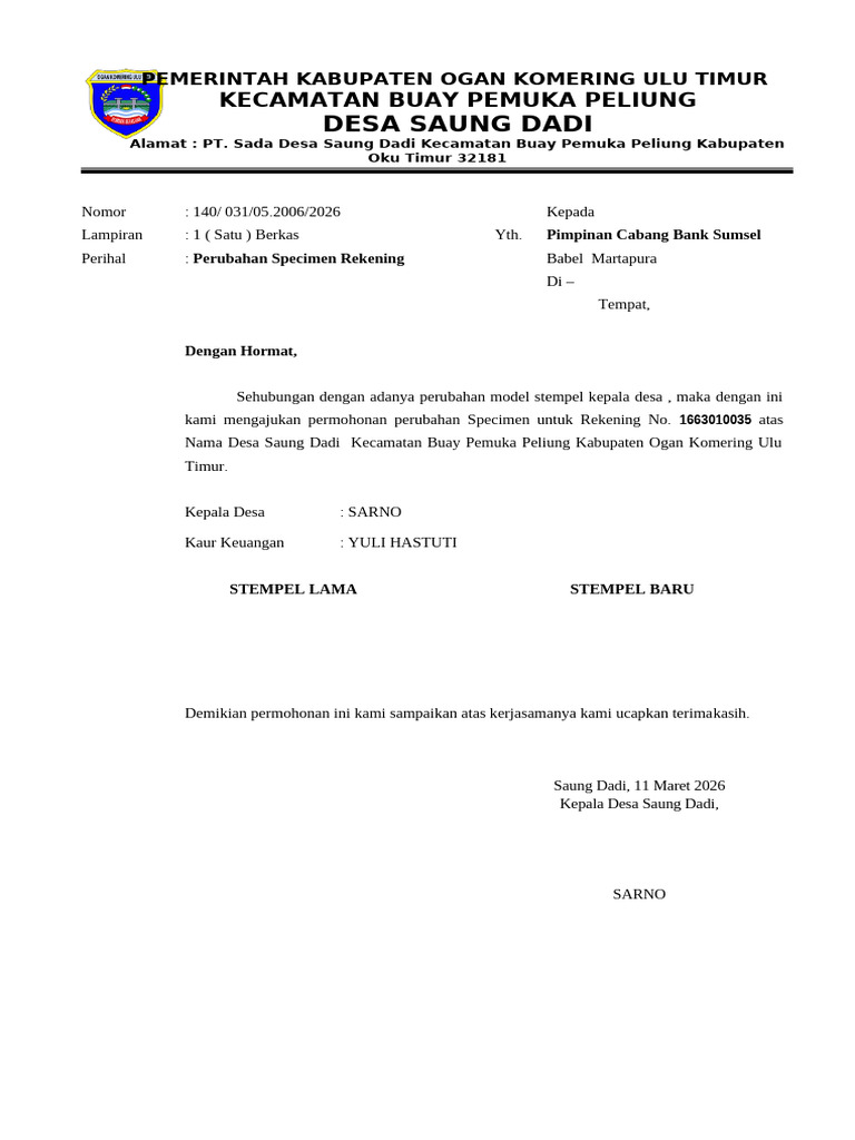 Spesimen Pergantian Cap Desa Saung Dadi Tahun 2026 | PDF
