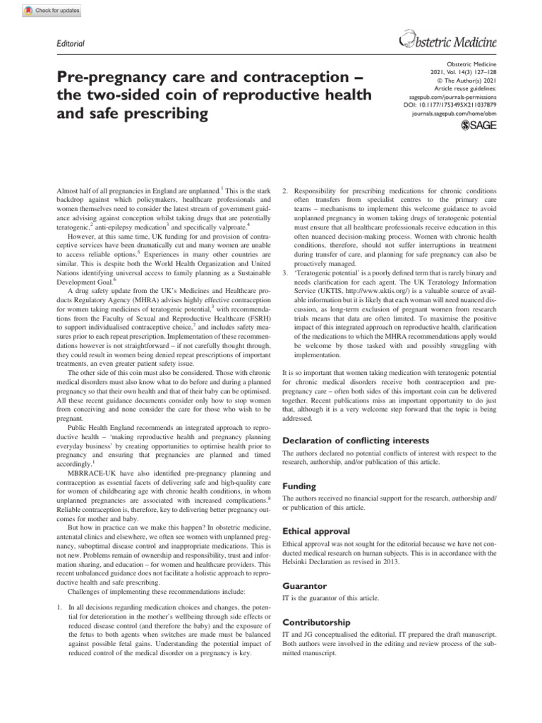 Pre-Pregnancy Care and Contraception - The Two-Sided Coin of ...