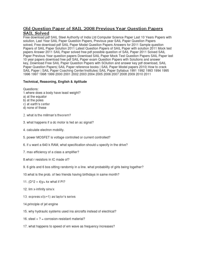 (WWW - Entrance-Exam - Net) - Old Question Paper of SAIL 2008 Previous ...