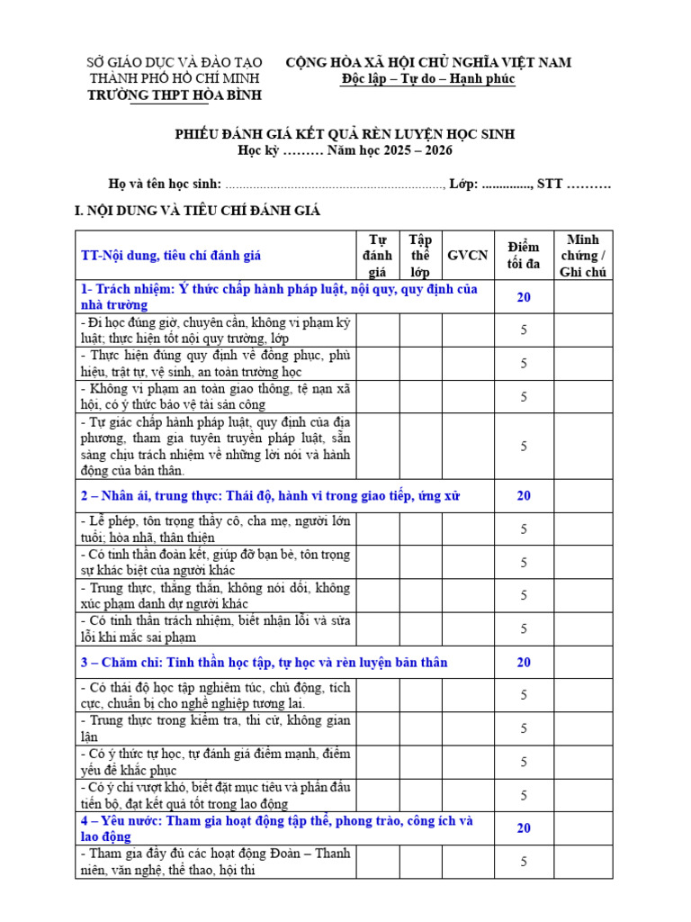 Phu Luc 1 Phieu Tu Danh Gia Ket Qua Ren Luyen Cua Hoc Sinh | PDF