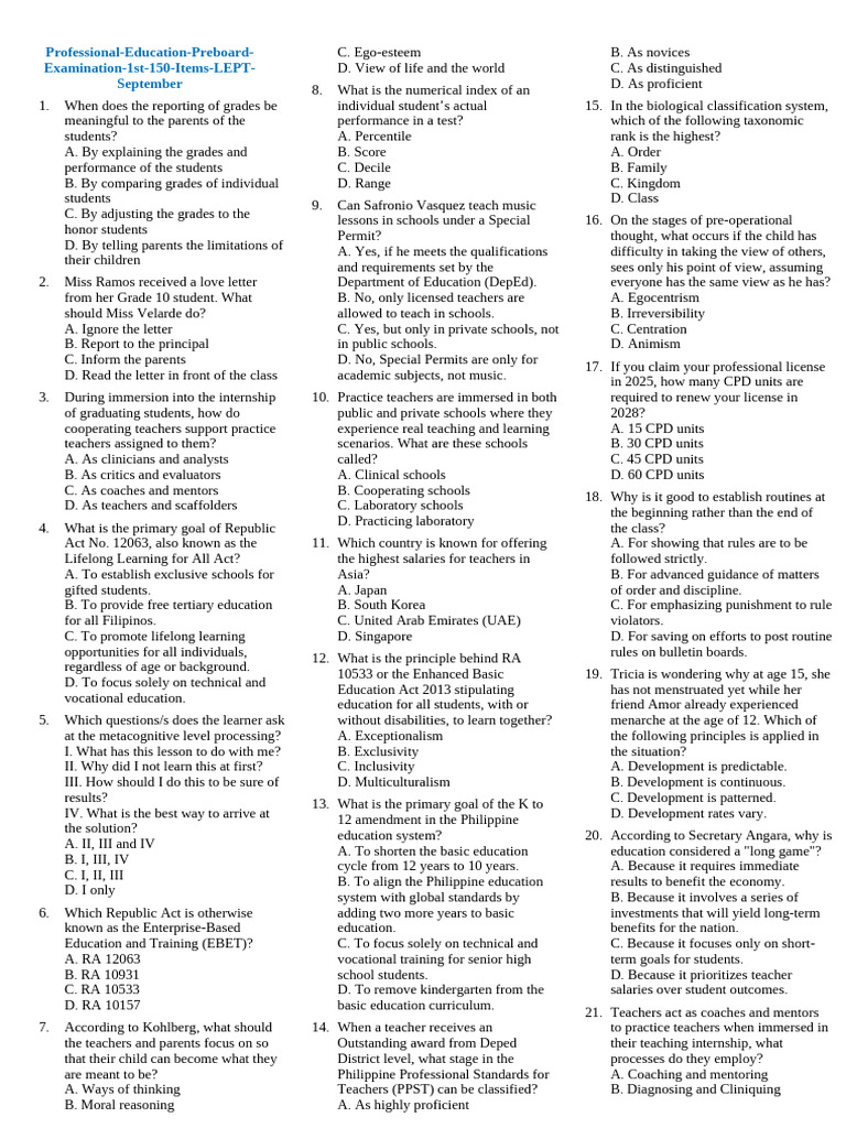 Professional Education Preboard Examination 1st 150 Items LEPT ...
