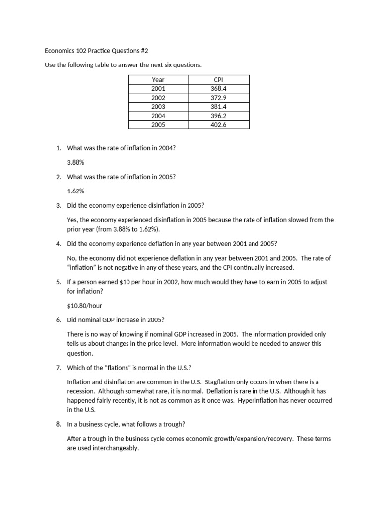 Economics 102 Practice Questions #2 With Solutions | PDF | Inflation ...