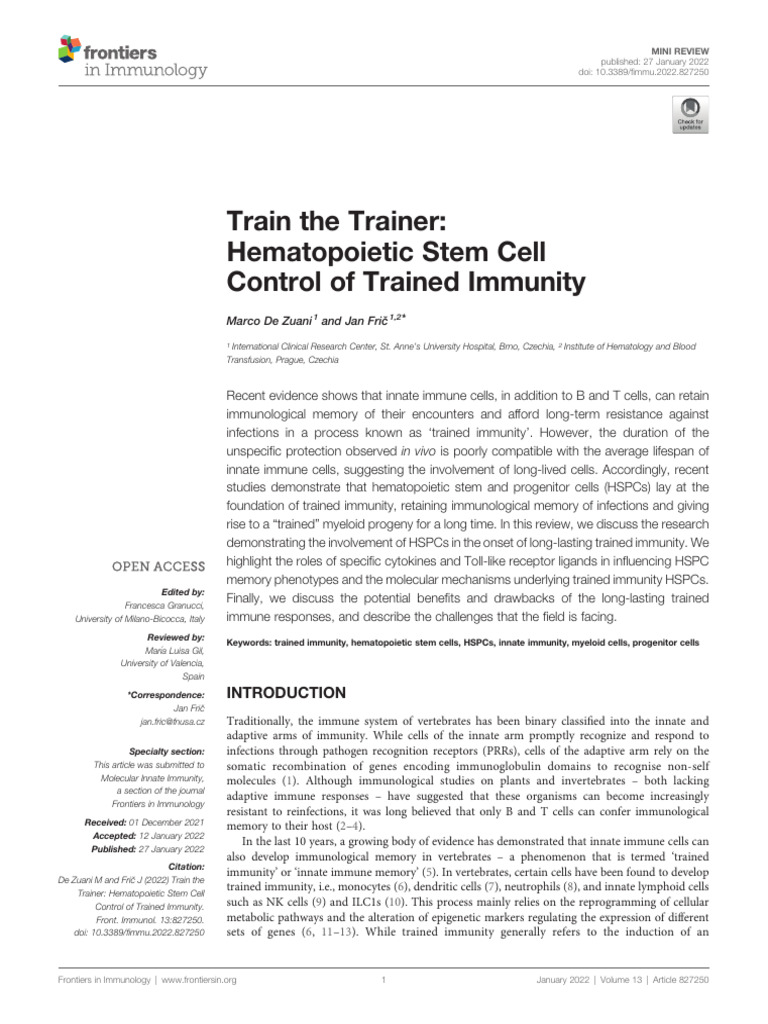 Train The Trainer Hematopoietic Stem Cell Control of Trained Immunity ...