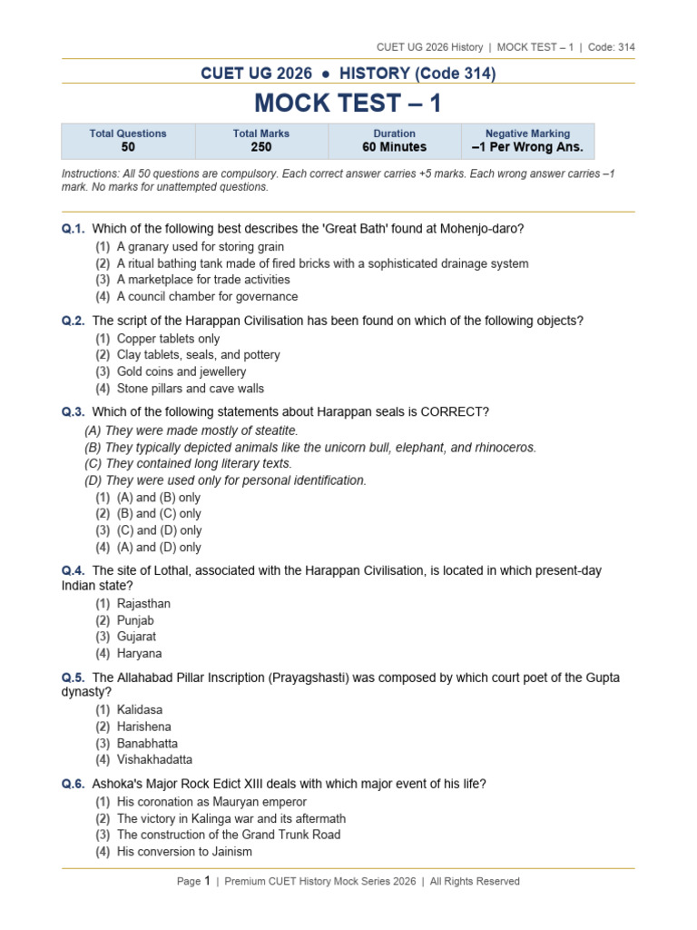 CUET History Mock 1 2026 | PDF | Indian Rebellion Of 1857 | Mughal Empire