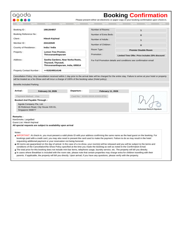 Confirmation For Booking ID # 1981364857 | PDF | Payments
