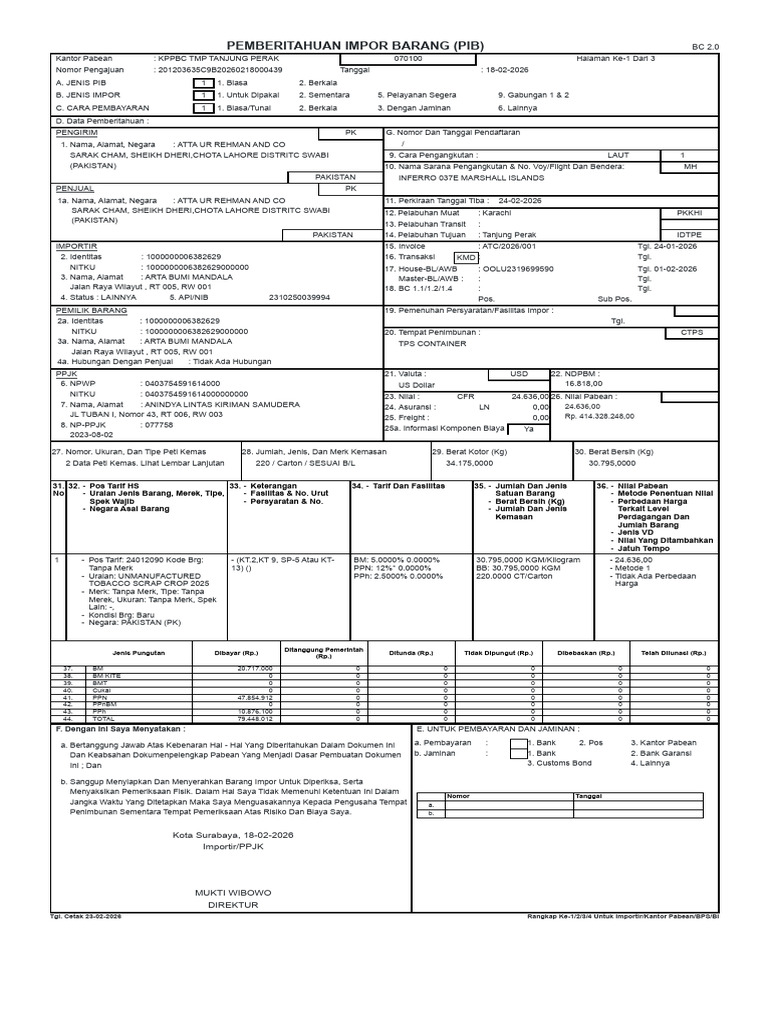 Draft Pib - Arta Bumi - Atta Ur - 2x40 HC - Inferro 037e | PDF