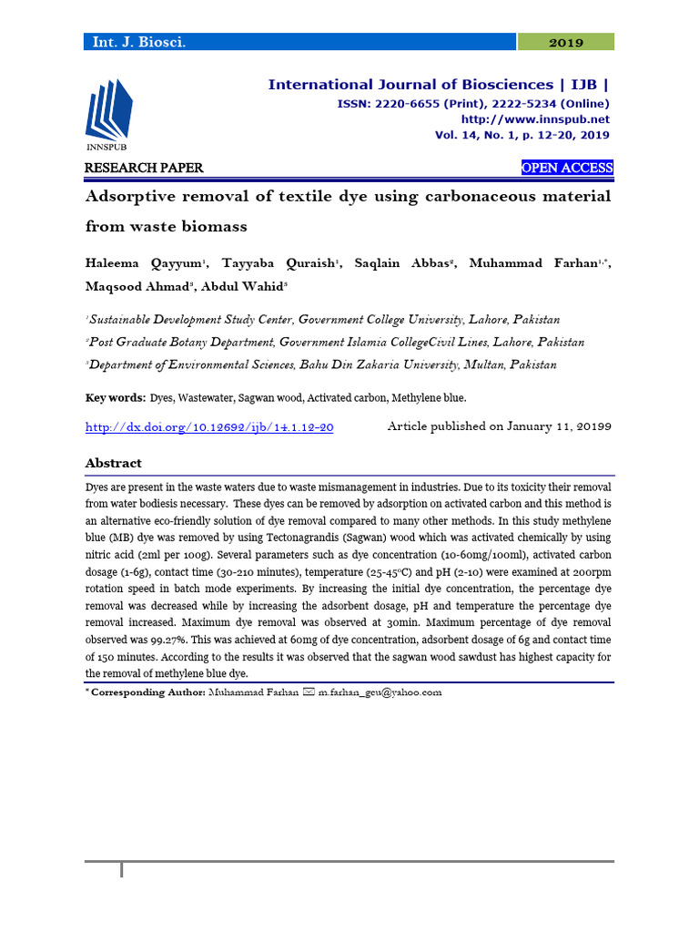 Adsorptive Removal of Textile Dye Using Carbonaceous Material From ...