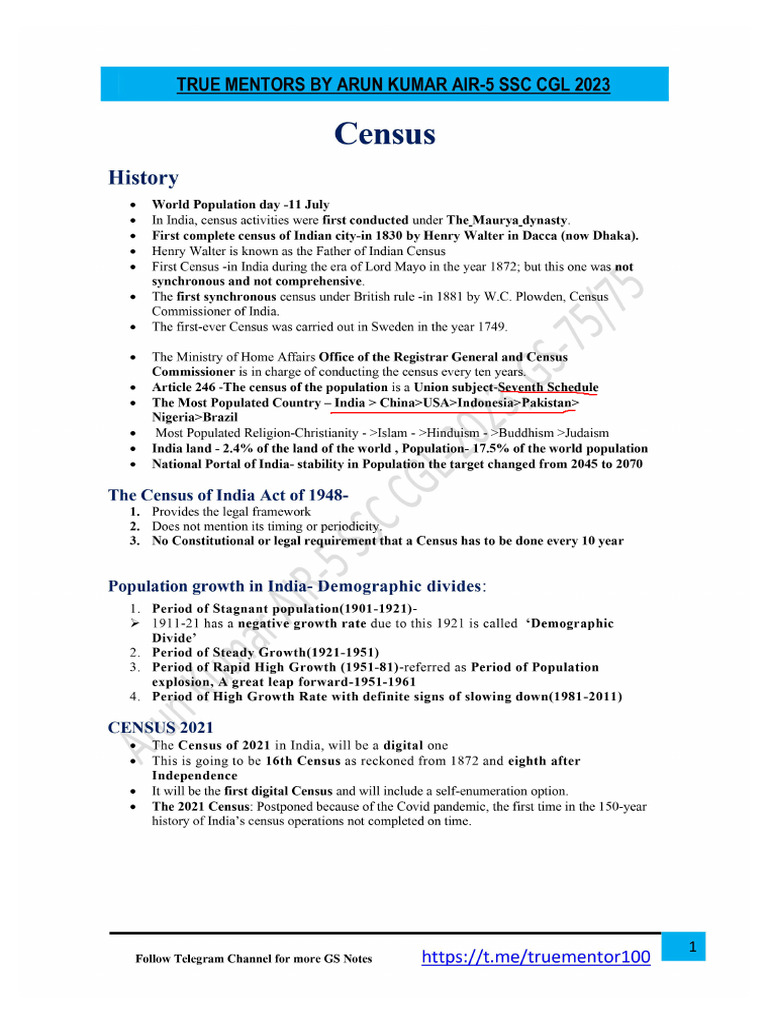 Census Notes by Arun Kumar AIR-5 | PDF