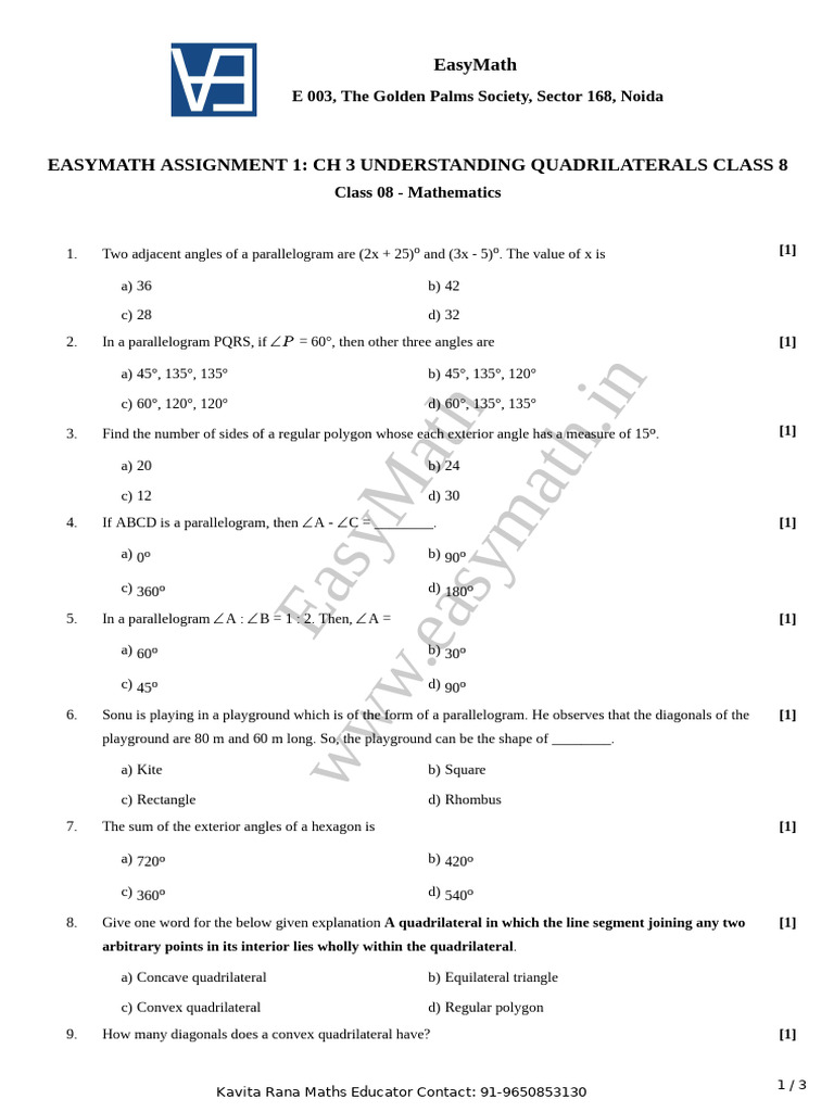 Easymath Assignment 2 On Quadrilaterals Class 8 | PDF | Rectangle | Angle
