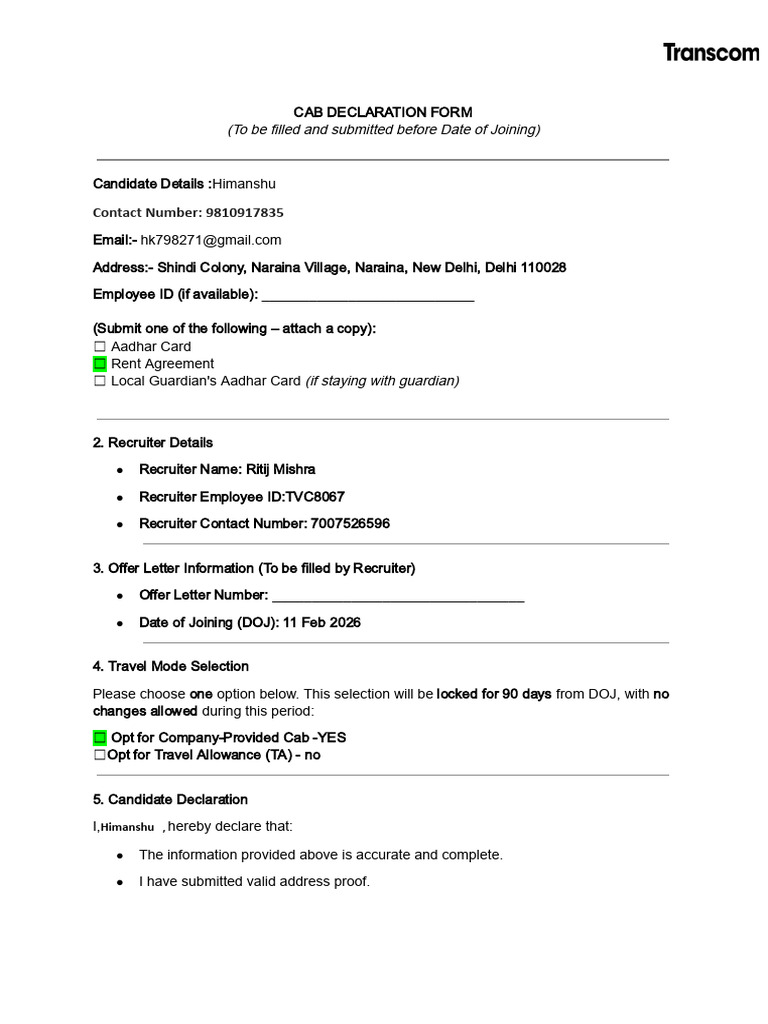 Cab Declaration Form | PDF