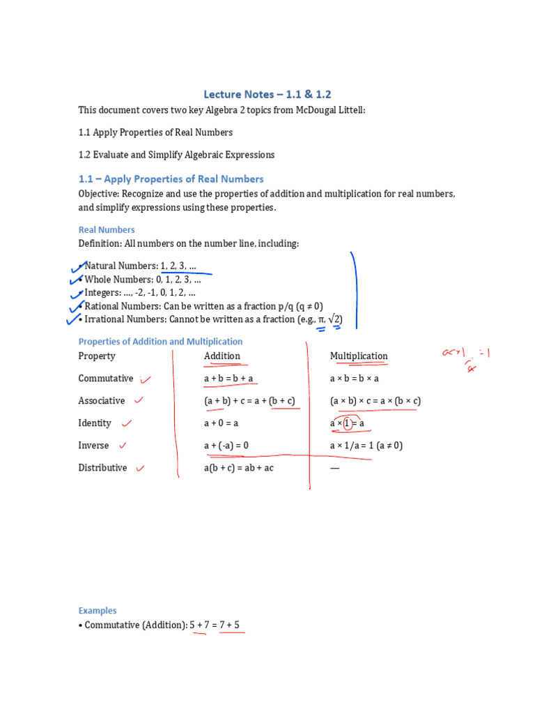 Algebra2 1.1 1.2 LectureNotes | PDF | Multiplication | Numbers