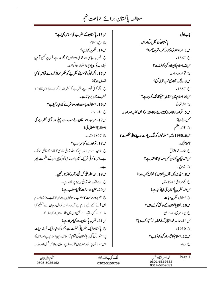 9th Class Pak Studies Short Questions Notes | PDF