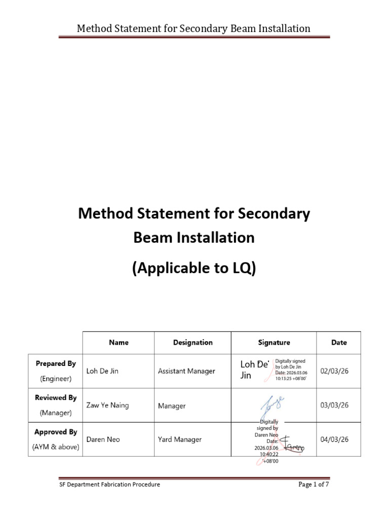 Method Statement For Secondary Beams Installation Signed | PDF ...