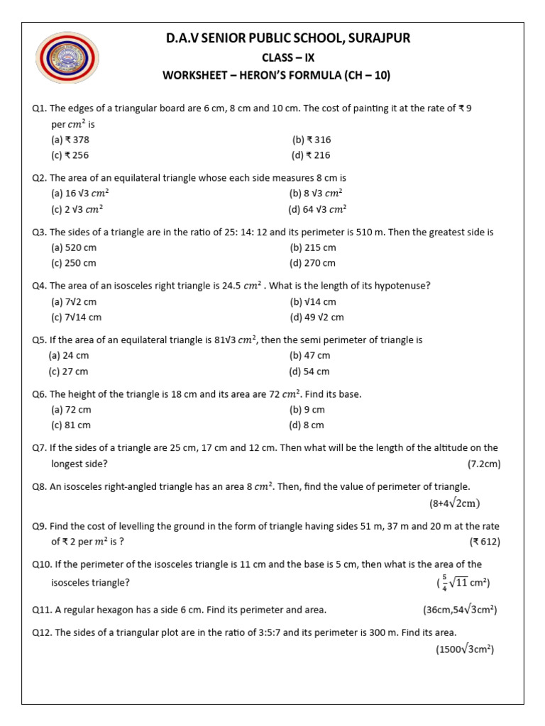 Heron's Formula Class Ix | PDF | Area | Triangle